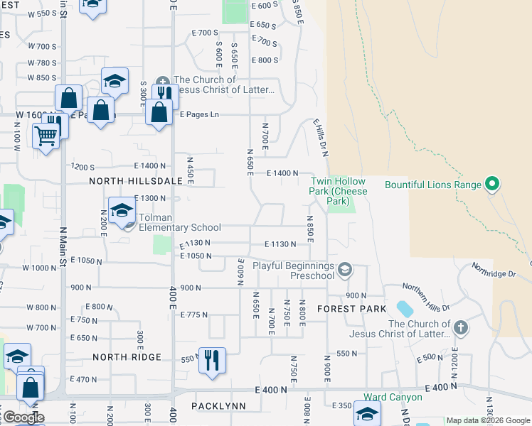 map of restaurants, bars, coffee shops, grocery stores, and more near 622 Crestwood Circle in Bountiful