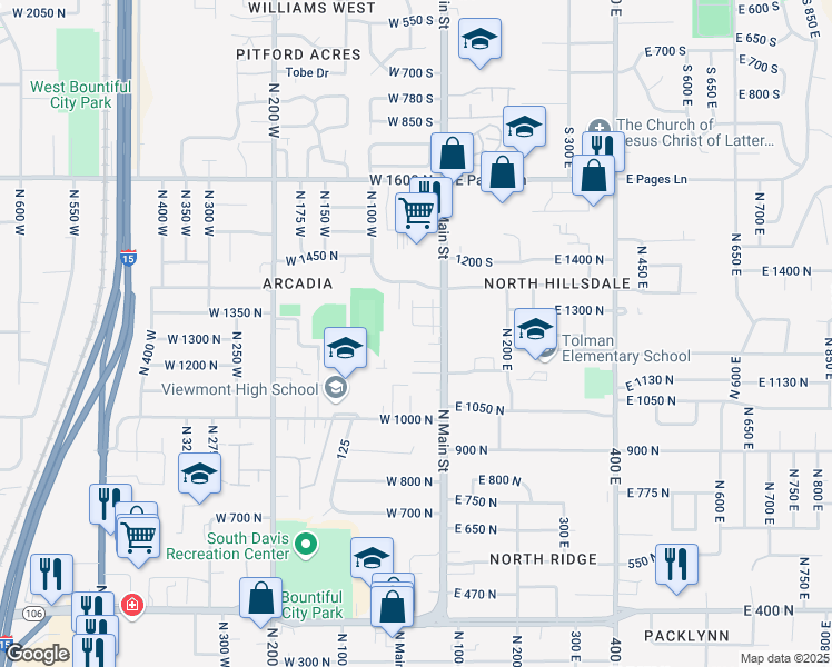 map of restaurants, bars, coffee shops, grocery stores, and more near 1295 North Main Street in Bountiful