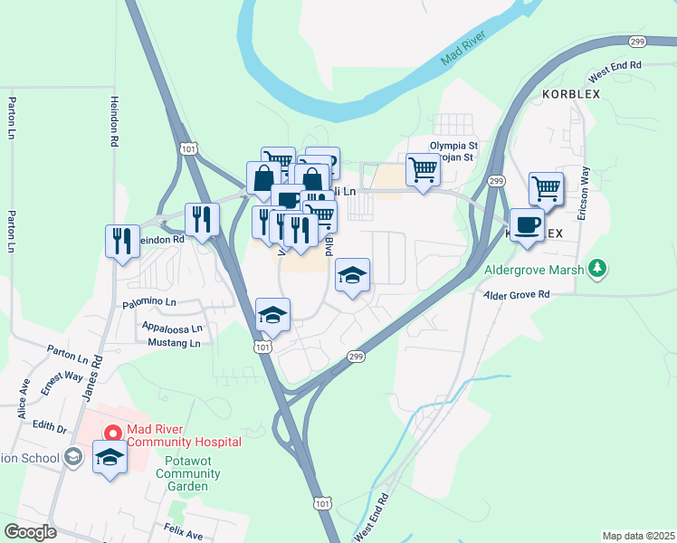 map of restaurants, bars, coffee shops, grocery stores, and more near 1282 Cedar Drive in Arcata