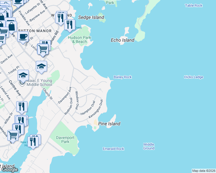 map of restaurants, bars, coffee shops, grocery stores, and more near 55 Beachfront Lane in New Rochelle