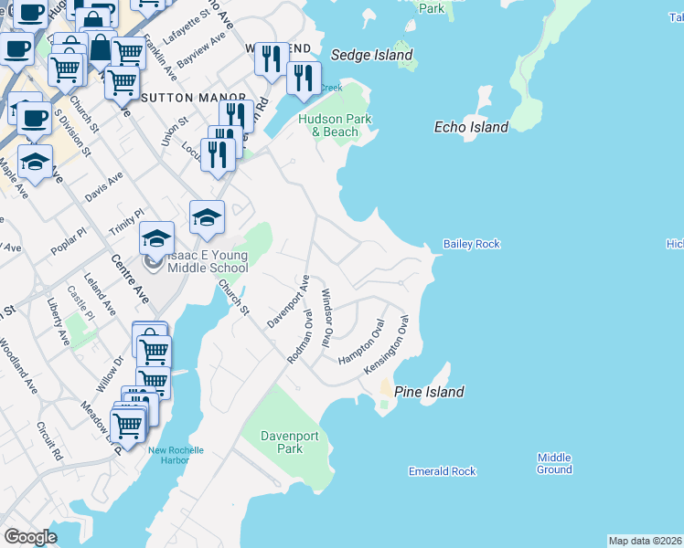 map of restaurants, bars, coffee shops, grocery stores, and more near 39 Potters Lane in New Rochelle