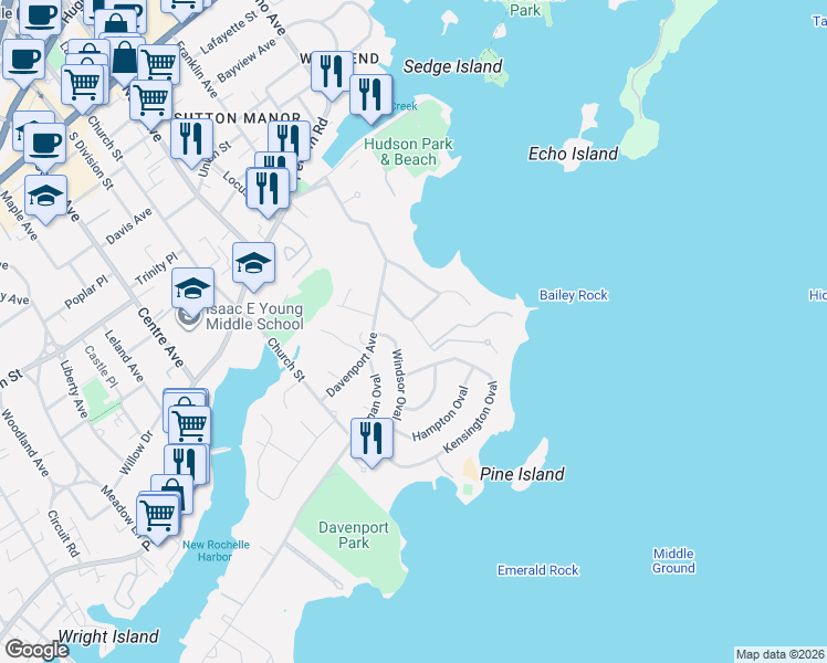 map of restaurants, bars, coffee shops, grocery stores, and more near 39 Potters Lane in New Rochelle