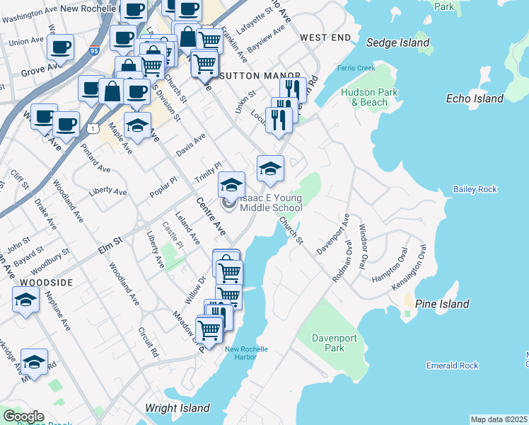 map of restaurants, bars, coffee shops, grocery stores, and more near 210 Pelham Road in New Rochelle