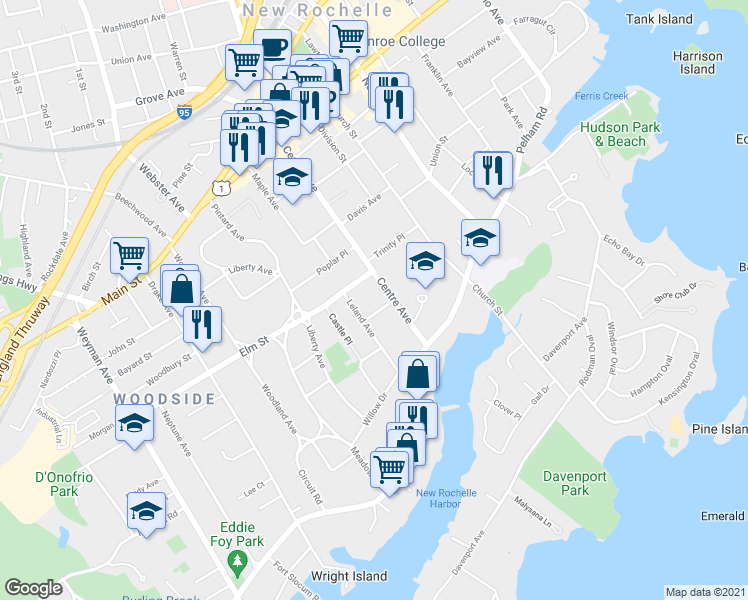 map of restaurants, bars, coffee shops, grocery stores, and more near 18 Leland Avenue in New Rochelle