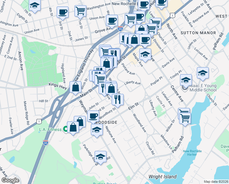 map of restaurants, bars, coffee shops, grocery stores, and more near 42 Drake Avenue in New Rochelle