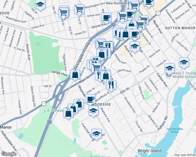 map of restaurants, bars, coffee shops, grocery stores, and more near 21 Drake Avenue in New Rochelle