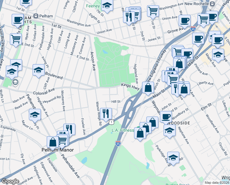 map of restaurants, bars, coffee shops, grocery stores, and more near 16 Sycamore Avenue in New Rochelle
