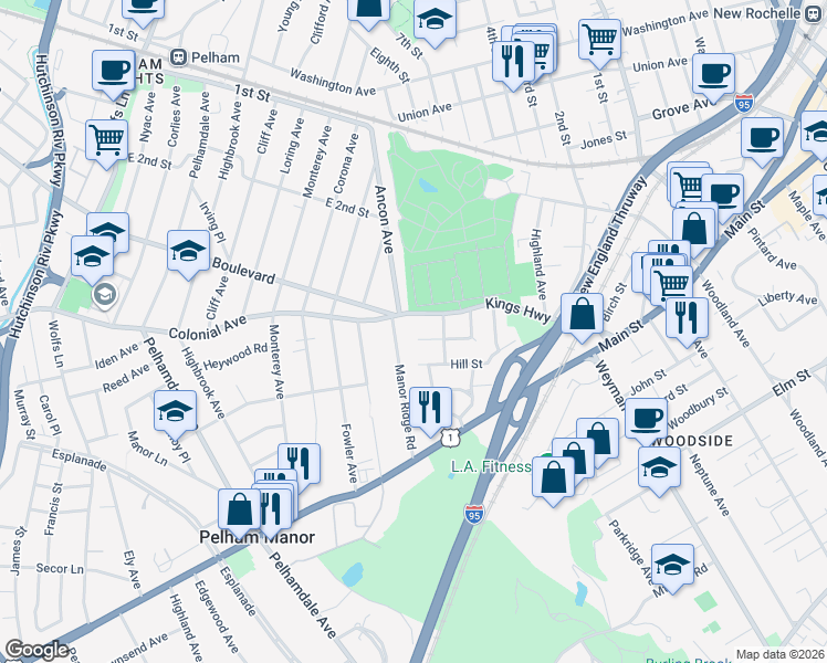 map of restaurants, bars, coffee shops, grocery stores, and more near 434 Manor Ridge Road in Pelham Manor