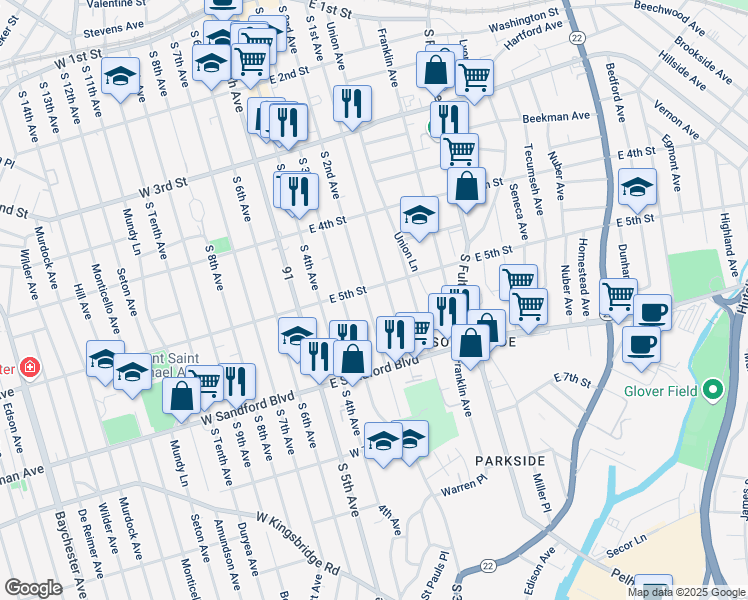 map of restaurants, bars, coffee shops, grocery stores, and more near 410 South 2nd Avenue in Mount Vernon