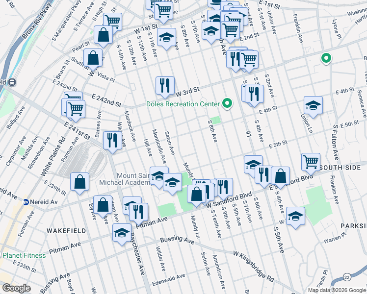 map of restaurants, bars, coffee shops, grocery stores, and more near 327 Mundy Lane in Mount Vernon