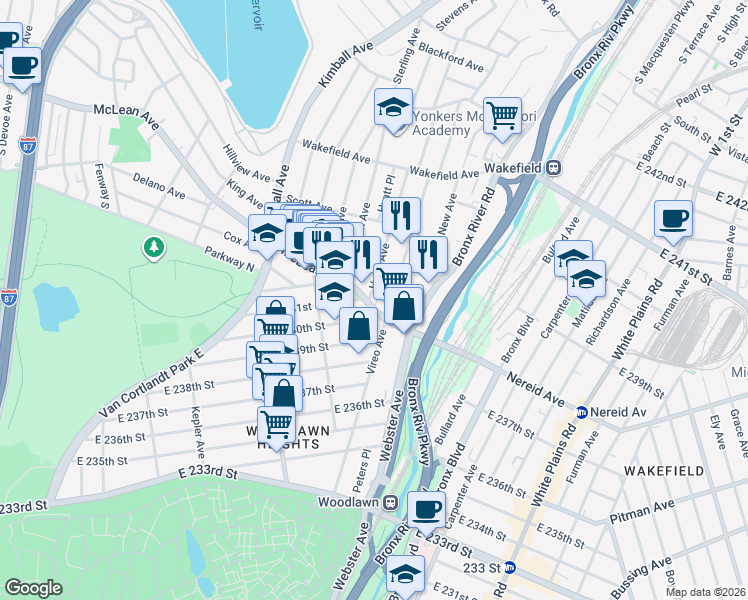 map of restaurants, bars, coffee shops, grocery stores, and more near in The Bronx