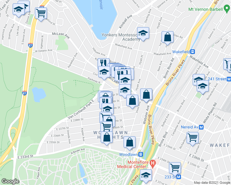 map of restaurants, bars, coffee shops, grocery stores, and more near 4391 Martha Avenue in Bronx