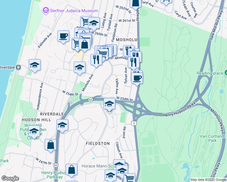 map of restaurants, bars, coffee shops, grocery stores, and more near 273 West 254th Street in Bronx
