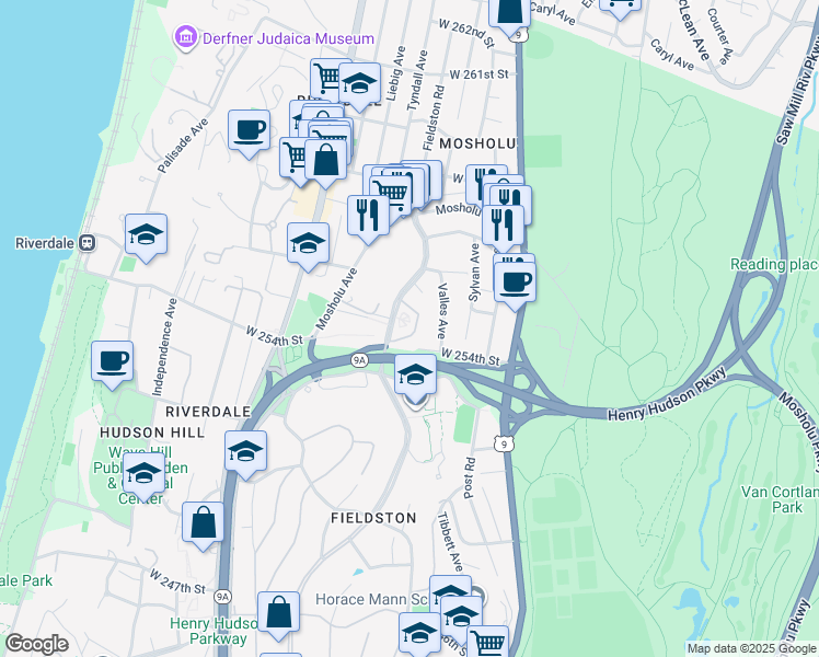 map of restaurants, bars, coffee shops, grocery stores, and more near 273 West 254th Street in Bronx