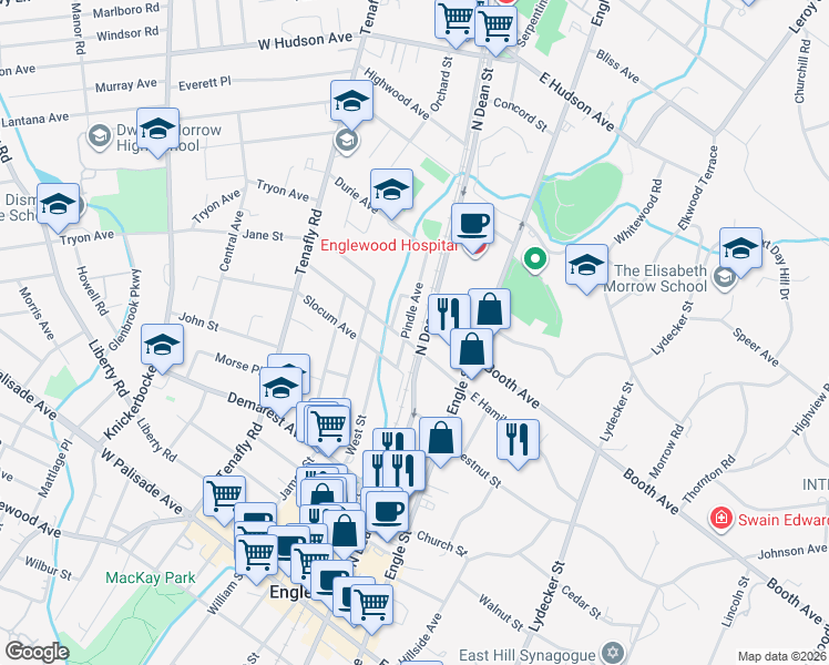 map of restaurants, bars, coffee shops, grocery stores, and more near 1 West Hamilton Avenue in Englewood