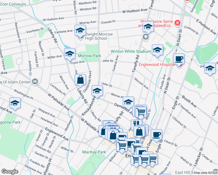map of restaurants, bars, coffee shops, grocery stores, and more near 164 John Street in Englewood