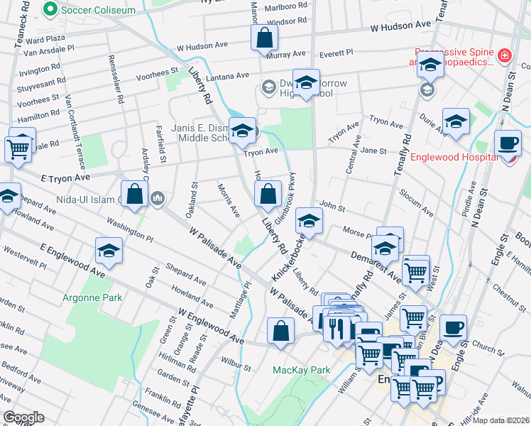 map of restaurants, bars, coffee shops, grocery stores, and more near 278 Howell Road in Englewood