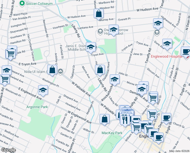 map of restaurants, bars, coffee shops, grocery stores, and more near 58 Cross Street in Englewood