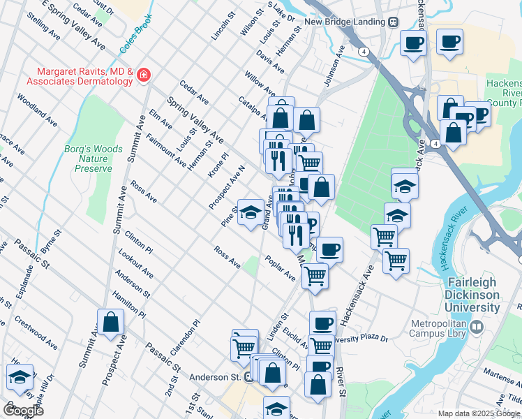 map of restaurants, bars, coffee shops, grocery stores, and more near 157 Grand Avenue in Hackensack