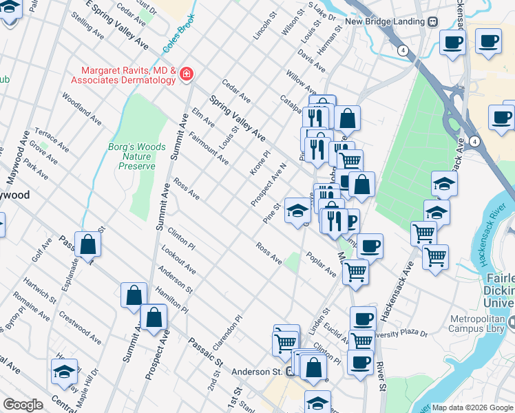 map of restaurants, bars, coffee shops, grocery stores, and more near 168 Poplar Avenue in Hackensack