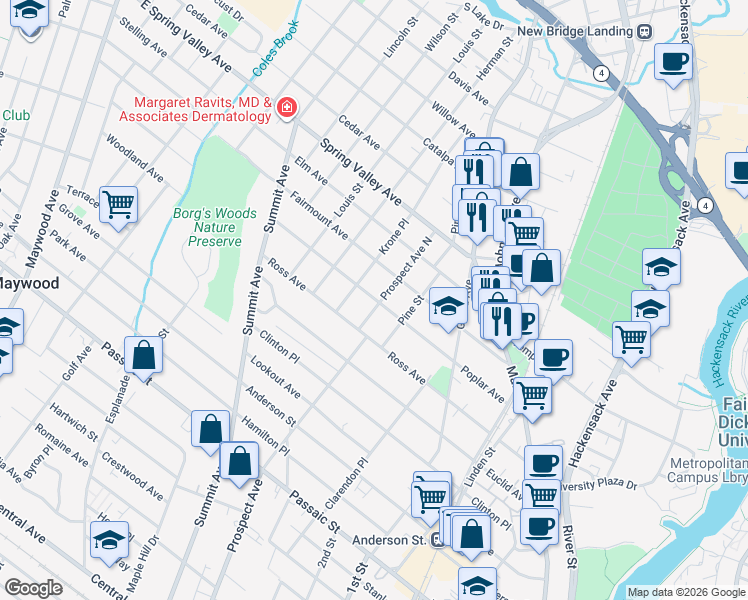 map of restaurants, bars, coffee shops, grocery stores, and more near 12 Krone Place in Hackensack
