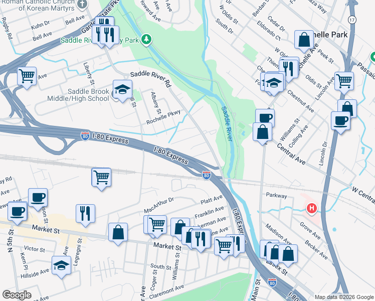 map of restaurants, bars, coffee shops, grocery stores, and more near 11 Cozy Glen in Saddle Brook