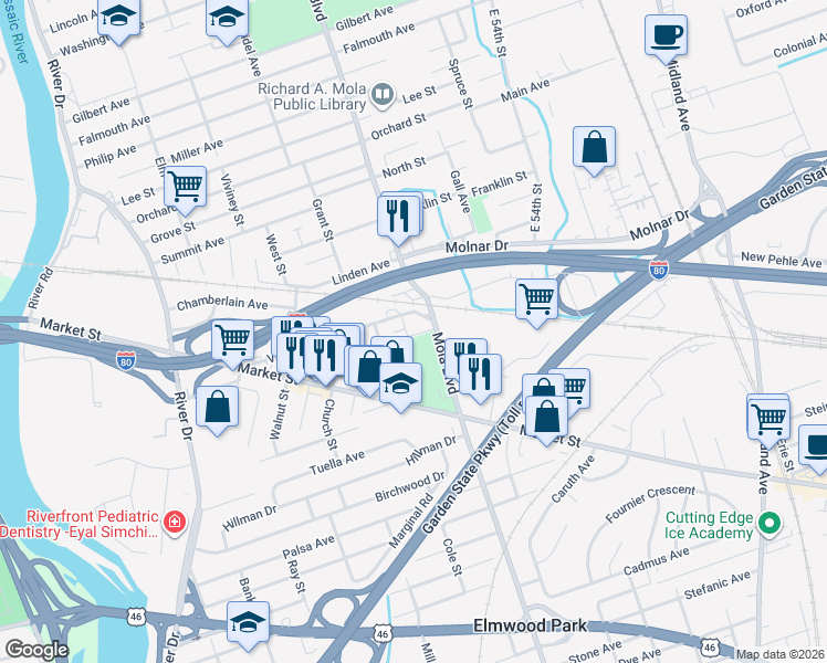 map of restaurants, bars, coffee shops, grocery stores, and more near 10 Veterans Place in Elmwood Park