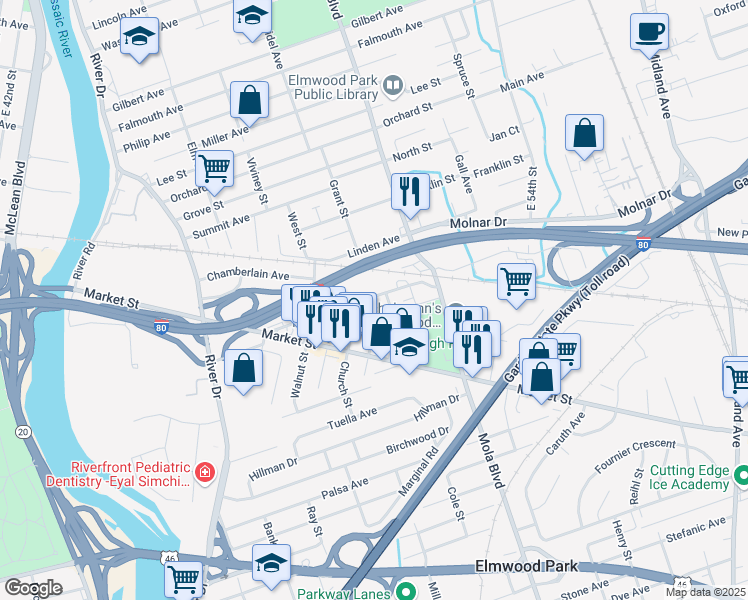 map of restaurants, bars, coffee shops, grocery stores, and more near 76 Van Riper Avenue in Elmwood Park
