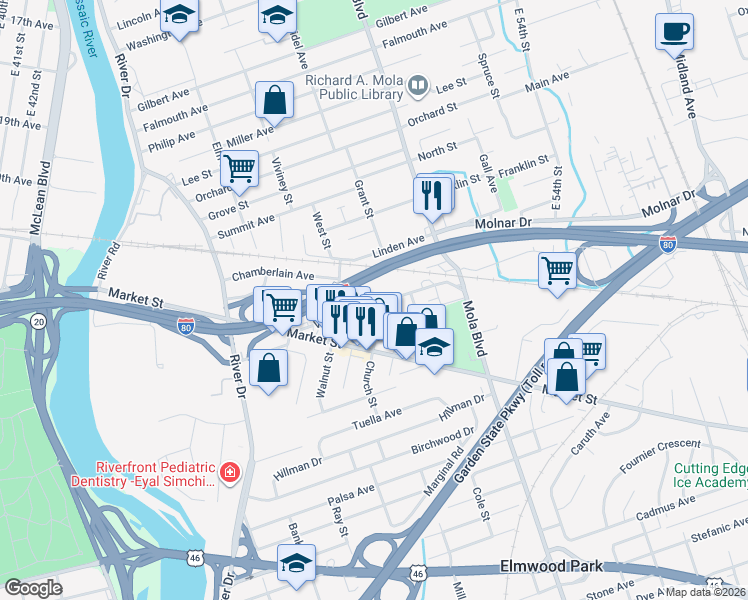 map of restaurants, bars, coffee shops, grocery stores, and more near in Elmwood Park