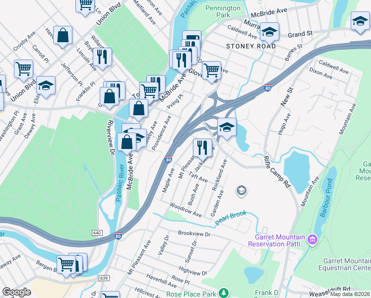 map of restaurants, bars, coffee shops, grocery stores, and more near 139 Maple Avenue in Woodland Park