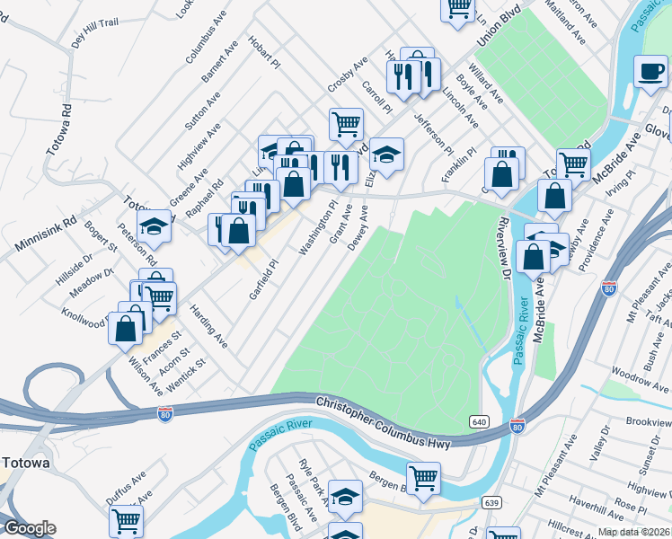 map of restaurants, bars, coffee shops, grocery stores, and more near 105 Dewey Avenue in Totowa