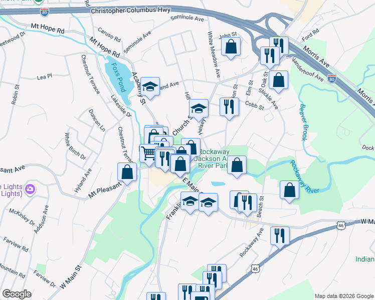 map of restaurants, bars, coffee shops, grocery stores, and more near 26 Mott Place in Rockaway