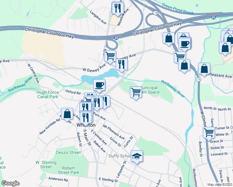 map of restaurants, bars, coffee shops, grocery stores, and more near 100 North Main Street in Wharton