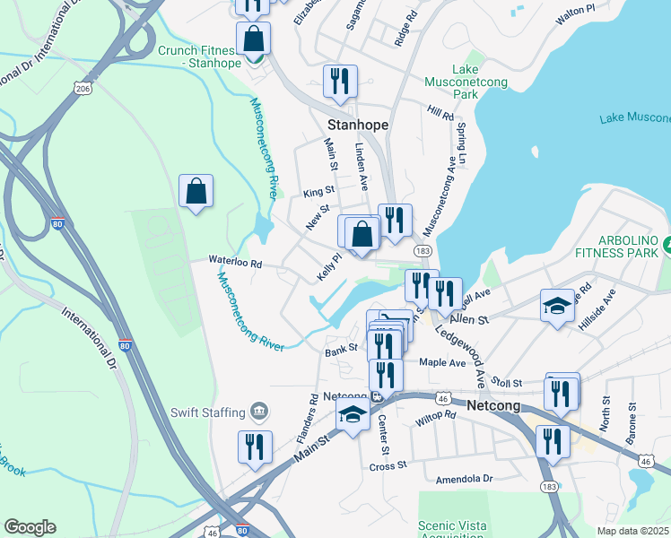 map of restaurants, bars, coffee shops, grocery stores, and more near 40 Canal Street in Stanhope