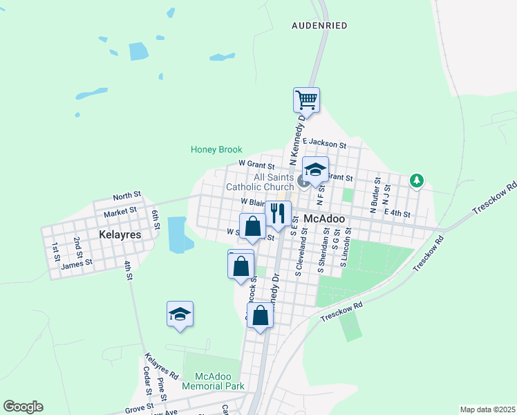 map of restaurants, bars, coffee shops, grocery stores, and more near 134 West Blaine Street in McAdoo
