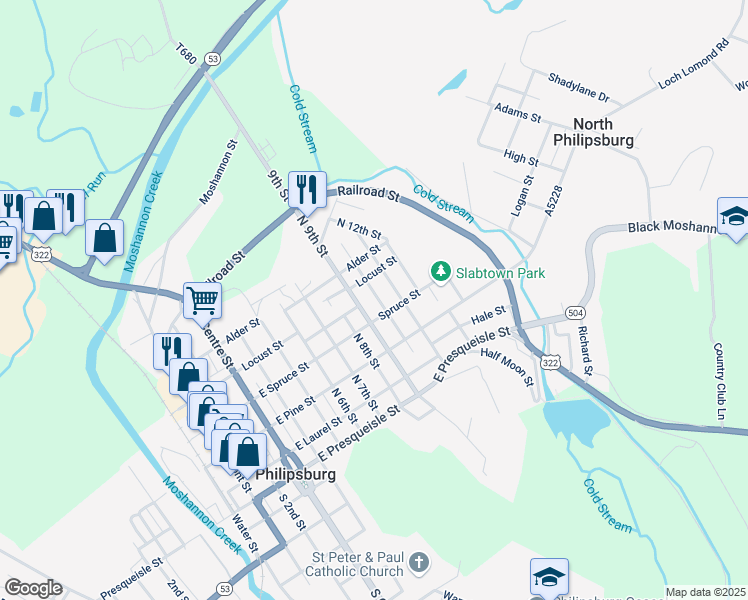 map of restaurants, bars, coffee shops, grocery stores, and more near 300 North 9th Street in Philipsburg