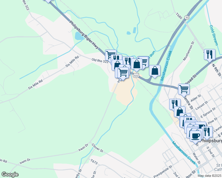 map of restaurants, bars, coffee shops, grocery stores, and more near 65 Irwin Drive in Philipsburg