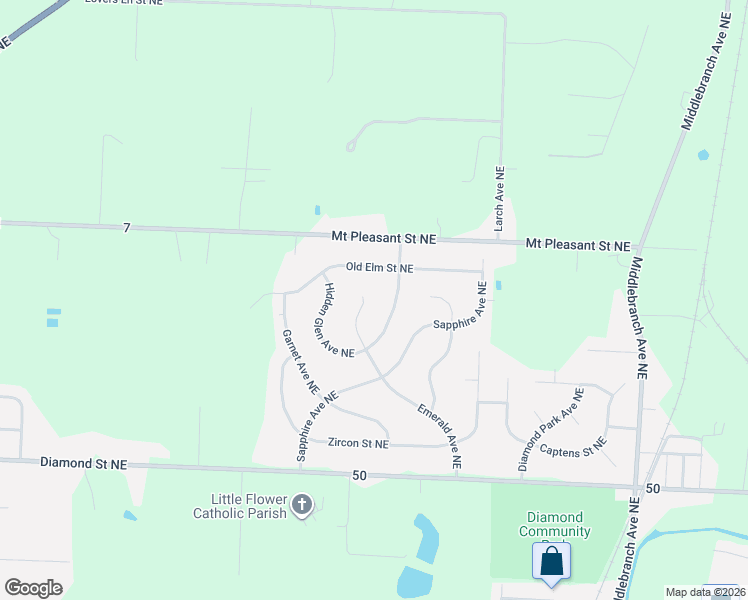 map of restaurants, bars, coffee shops, grocery stores, and more near 8256 Emerald Avenue Northeast in North Canton
