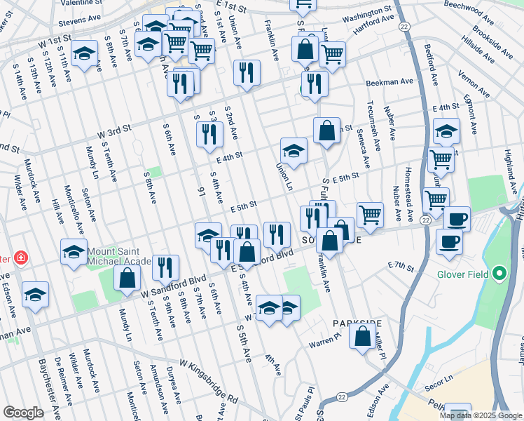 map of restaurants, bars, coffee shops, grocery stores, and more near 410 South 2nd Avenue in Mount Vernon