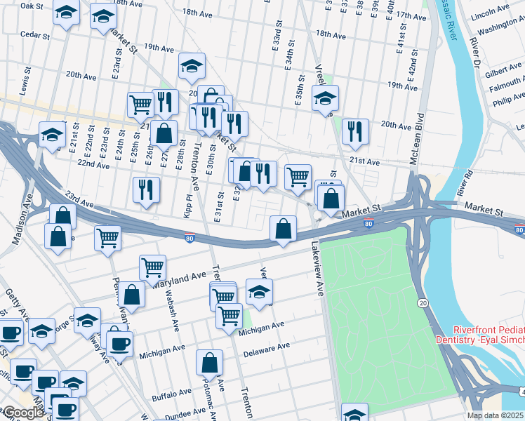 map of restaurants, bars, coffee shops, grocery stores, and more near 685 East 34th Street in Paterson