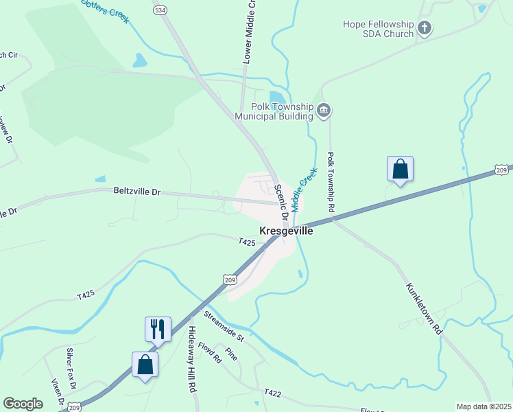 map of restaurants, bars, coffee shops, grocery stores, and more near 470 Beltzville Drive in Kunkletown