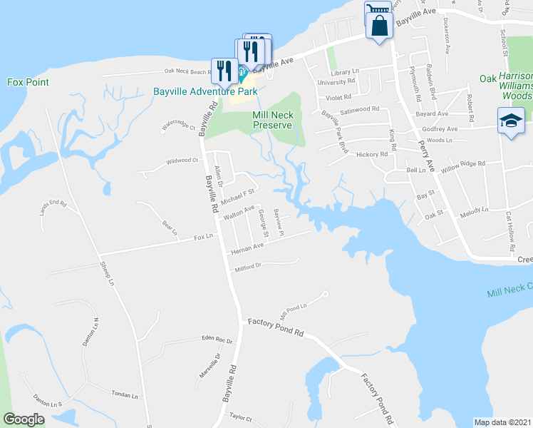 map of restaurants, bars, coffee shops, grocery stores, and more near 32 George Street in Locust Valley