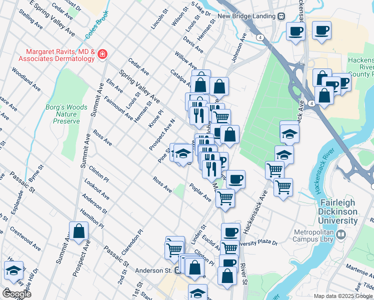 map of restaurants, bars, coffee shops, grocery stores, and more near 157 Grand Avenue in Hackensack