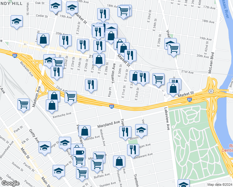 map of restaurants, bars, coffee shops, grocery stores, and more near 731 East 30th Street in Paterson
