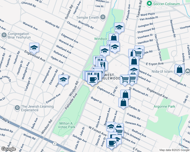 map of restaurants, bars, coffee shops, grocery stores, and more near 194 The Plaza in Teaneck