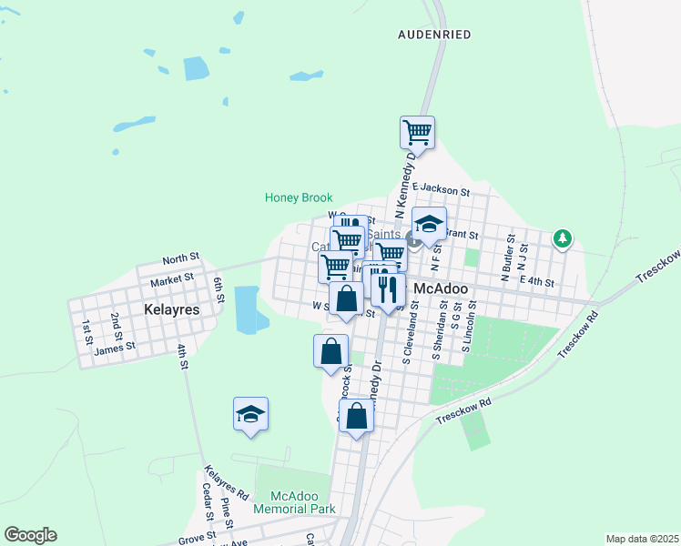 map of restaurants, bars, coffee shops, grocery stores, and more near 134 W Blaine St in McAdoo