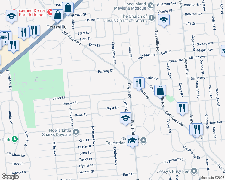 map of restaurants, bars, coffee shops, grocery stores, and more near 19 Janet Street in Port Jefferson Station