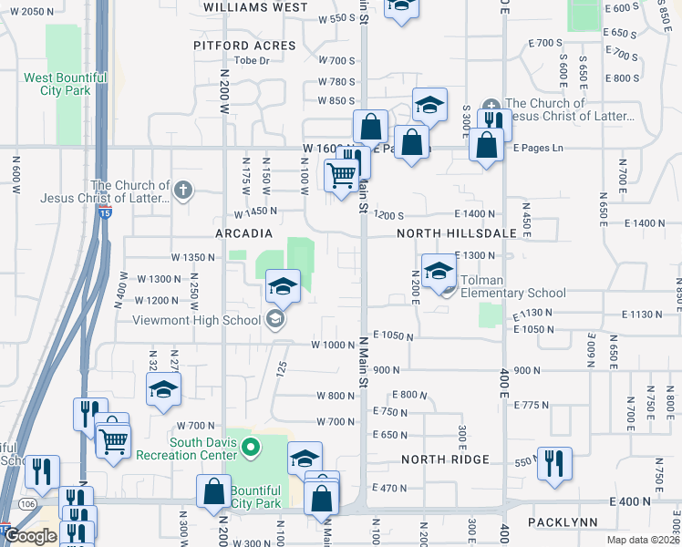 map of restaurants, bars, coffee shops, grocery stores, and more near 1295 North Main Street in Bountiful