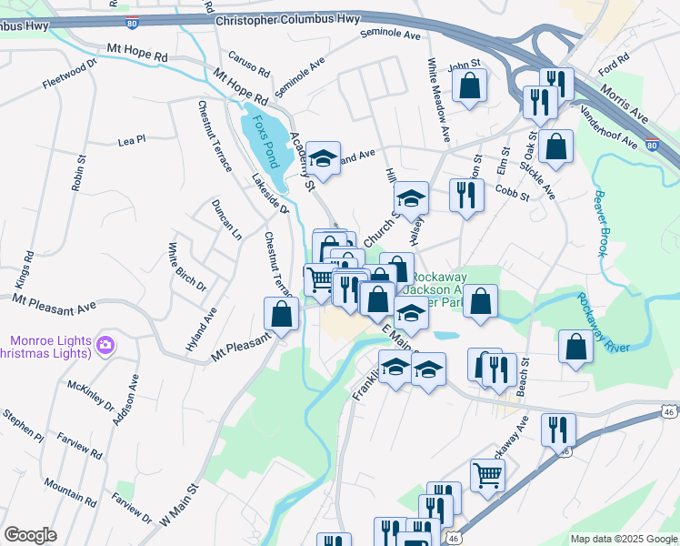 map of restaurants, bars, coffee shops, grocery stores, and more near 30 County Road 513 in Rockaway