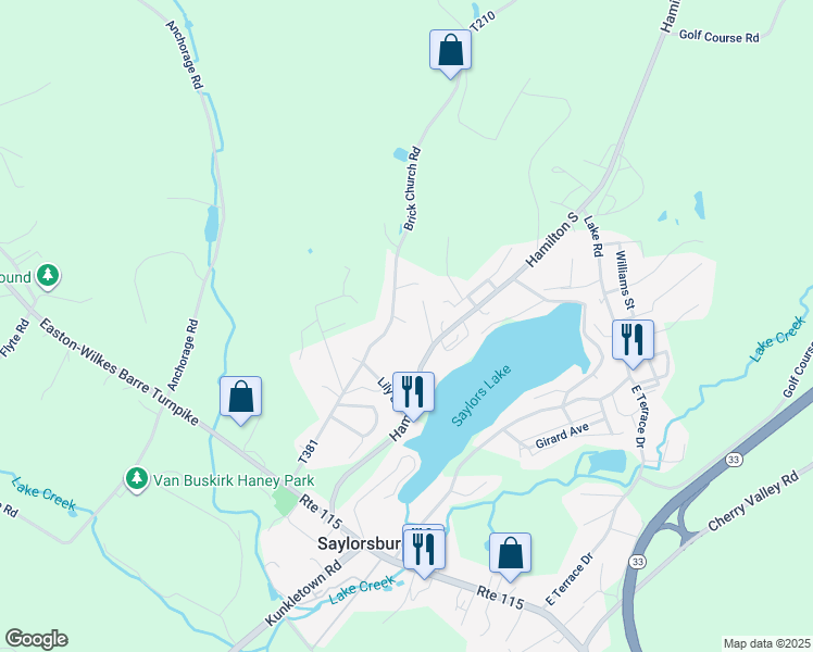 map of restaurants, bars, coffee shops, grocery stores, and more near 196 Brick Church Road in Saylorsburg